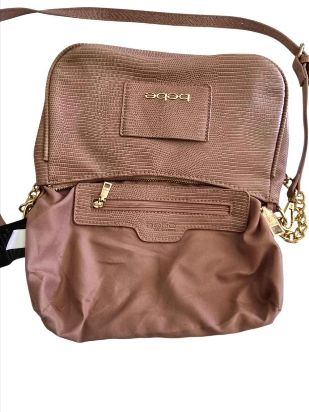 bebe Dusty Rose Fabiola Lizard-Embossed Gold Chain Shoulder Bag Purse *